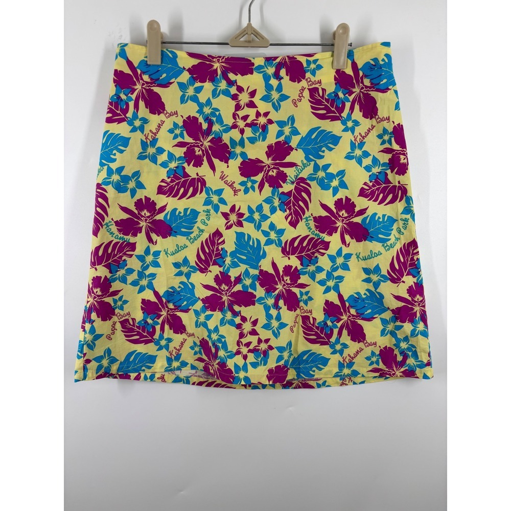 Vintage 90s Tropical Floral Hawaii Print A-Line Mini Skirt Yellow Purple Blue 8